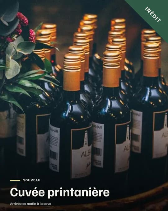 Visuel « Nouveauté » : « Cuvée printanière » et un bandeau « Inédit » en coin sur la photo de bouteilles de vin
