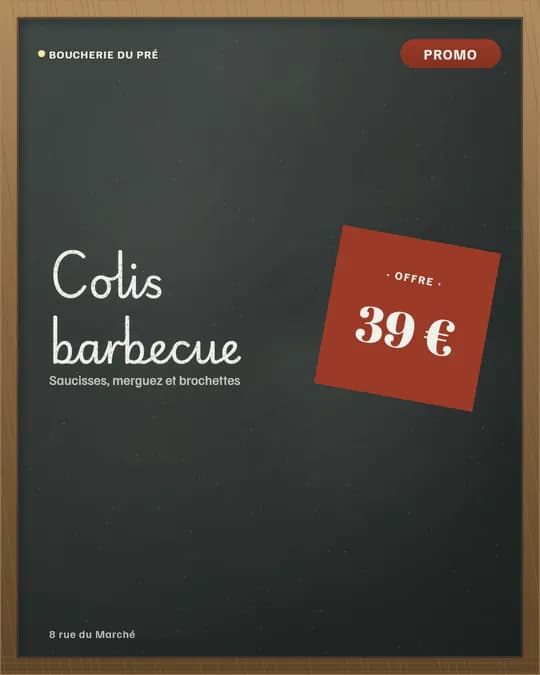 Visuel sans photo : « Colis barbecue » à la craie et une étiquette rouge « Offre 39 € » sur l’ardoise