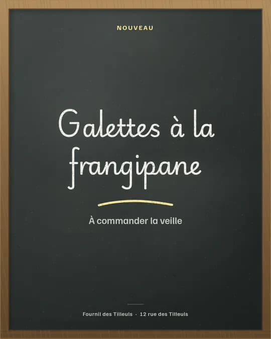 Visuel sans photo : « Galettes à la frangipane » écrit à la craie sur une ardoise encadrée de bois, avec l’étiquette « Nouveau »