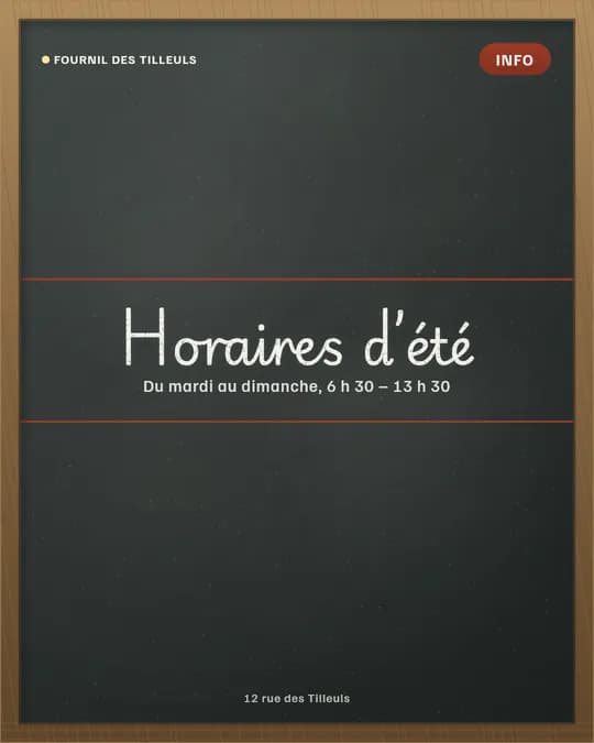 Visuel sans photo : « Horaires d’été » à la craie entre deux lignes rouges, puis les horaires de la semaine