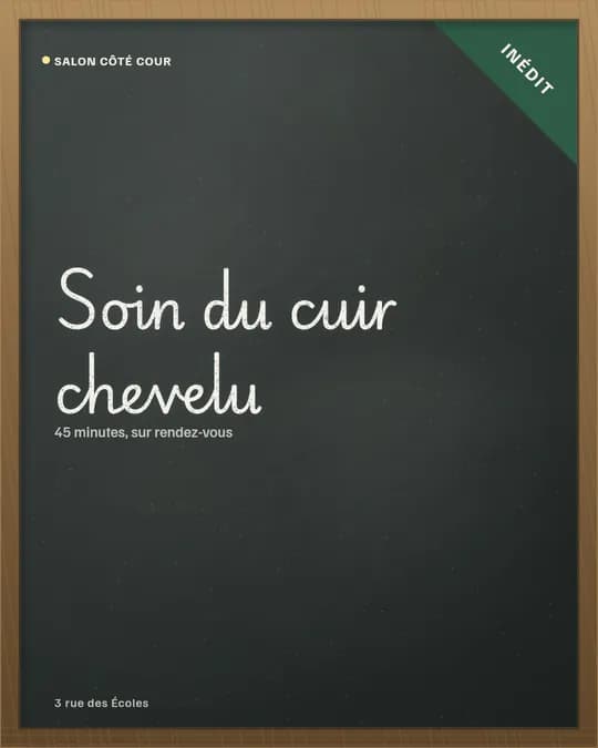 Visuel sans photo : « Soin du cuir chevelu » à la craie, avec un bandeau « Inédit » dans le coin de l’ardoise