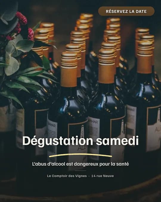 Visuel sur photo : « Dégustation samedi » et la mention « L’abus d’alcool est dangereux pour la santé » sur la photo de bouteilles de vin