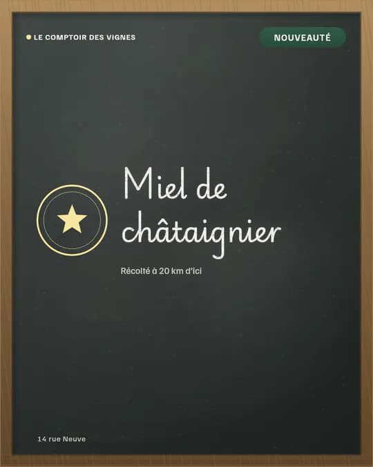 Visuel sans photo : une médaille étoilée à côté de « Miel de châtaignier », écrit à la craie sur l’ardoise